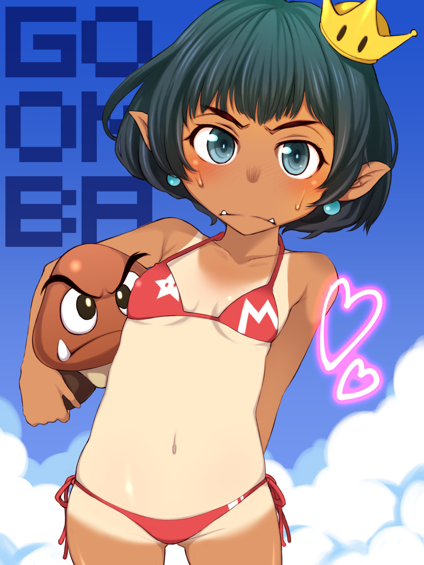 1girl absurdres animal arm_behind_back bangs bikini blue_earrings blush bra breasts character_name closed_mouth clouds cloudy_sky commentary_request day dual_persona fangs frown gluteal_fold goomba green_hair groin heart highres holding holding_animal huge_filesize leaning_to_the_side looking_at_viewer lowleg lowleg_bikini super_mario_bros. nintendo one-piece_tan outdoors partial_commentary pointy_ears print_bra red_bikini shiroobi_(whitebeltmaster) short_hair side-tie_bikini sky small_breasts solo standing star star_print super_crown super_mario_bros. sweatdrop swimsuit tan tanline tilted_headwear underwear