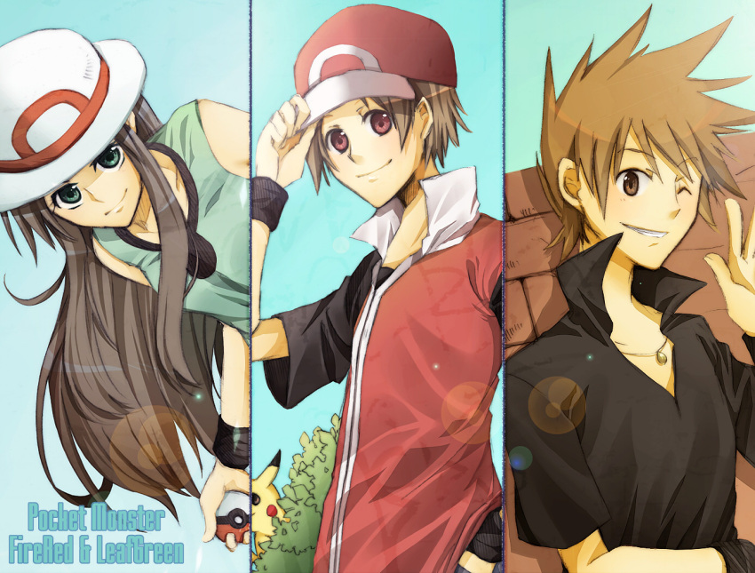 adjusting_hat alternate_costume bare_shoulders baseball_cap blue_(pokemon) blue_eyes brown_eyes brown_hair bush english green_eyes grin group hand_in_pocket happy hat hat_tip holding holding_poke_ball jewelry leaf_(pokemon) leaning_forward lens_flare long_hair male multiple_boys nauchi necklace ookido_green ookido_green_(frlg) pikachu poke_ball pokemon pokemon_(creature) pokemon_(game) pokemon_firered_and_leafgreen pokemon_rgby popped_collar porkpie_hat red_(pokemon) red_(pokemon)_(remake) red_eyes short_hair short_sleeves sky smile spiked_hair spiky_hair split_screen vest wave wink wristband
