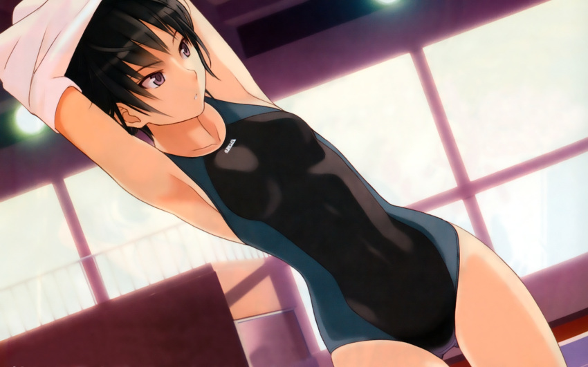 1girl amagami armpits arms_up black_eyes black_hair breasts competition_swimsuit dutch_angle game_cg highres nanasaki_ai one-piece_swimsuit short_hair solo sunlight swimsuit swimsuit_under_clothes takayama_kisai undressing wallpaper