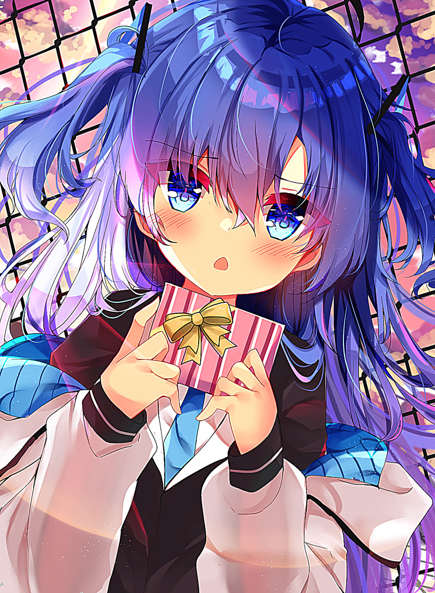 blue_archive blue_eyes blush box chain-link_fence clip_studio_paint_(medium) clouds dress_jacket ears fence fujiwarahatsune gift gift_box hair_between_eyes highres holding holding_gift jacket necktie off_shoulder open_mouth purple_hair sidelocks sunlight sunset twintails white_jacket yuuka_(blue_archive)