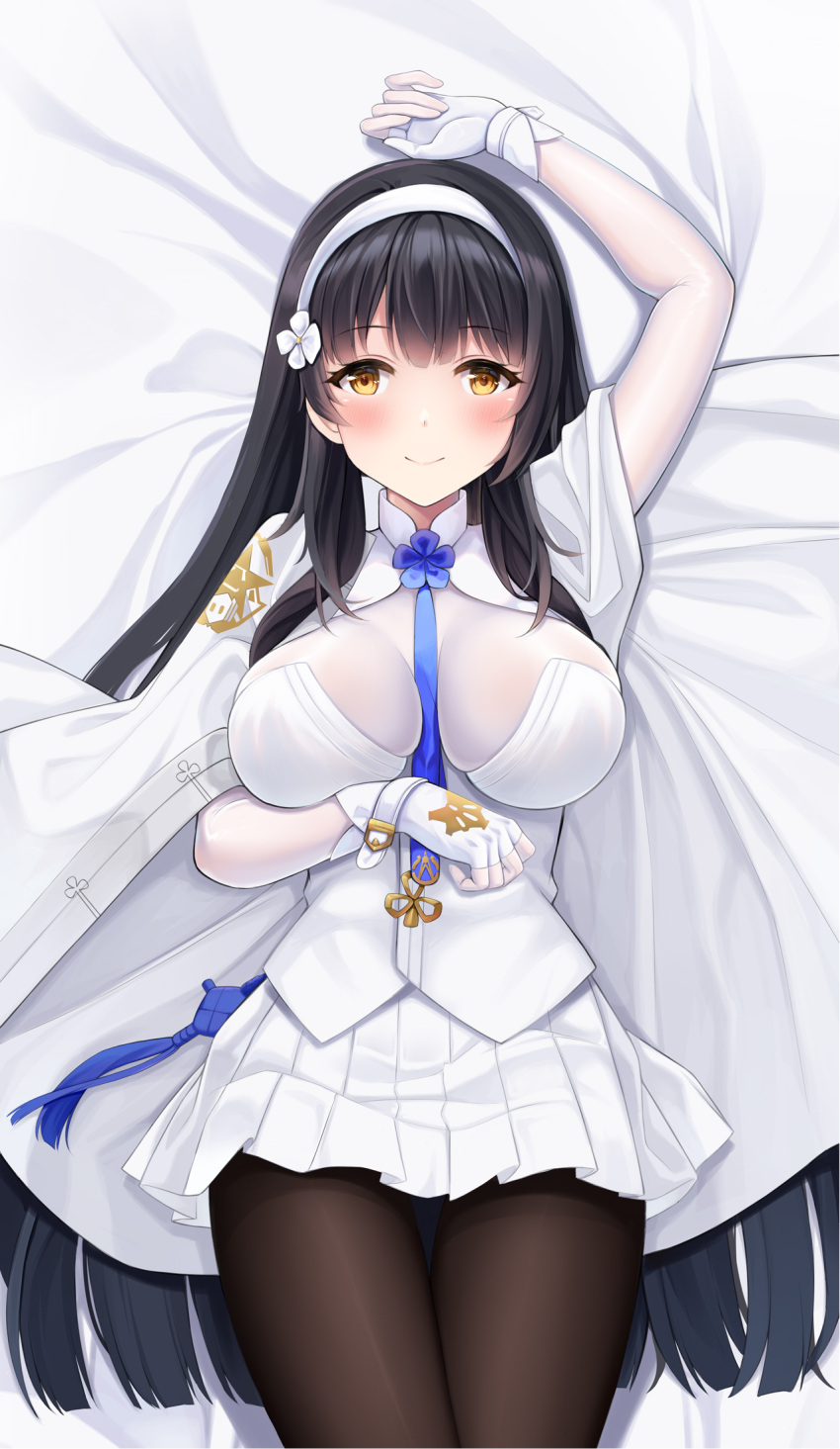 1girl arm_up bangs bed_sheet between_breasts black_hair black_legwear blunt_bangs blush breasts chinese_commentary closed_mouth cowboy_shot dakimakura_(medium) eyebrows_visible_through_hair fengli_(709622571) fingerless_gloves forehead frilled_skirt frills girls_frontline gloves hand_up headband highres large_breasts looking_at_viewer lying necktie off_shoulder on_back pantyhose skirt smile solo thigh_gap type_95_(girls'_frontline) white_gloves white_headband white_skirt yellow_eyes