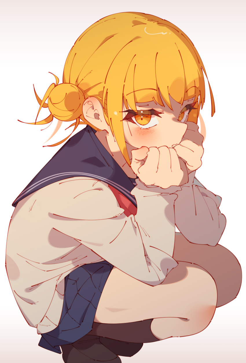 1girl absurdres bangs beige_sweater black_footwear blonde_hair blue_sailor_collar blue_skirt blunt_bangs blush boku_no_hero_academia brown_legwear closed_mouth commentary double_horizontal_stripe elbows_on_knees eyebrows_visible_through_hair full_body hair_bun hands_on_own_face highres loafers long_sleeves looking_at_viewer miniskirt neckerchief own_hands_together pleated_skirt rasusurasu red_neckerchief sailor_collar shoes short_hair short_hair_with_long_locks sidelocks simple_background skirt socks solo squatting toga_himiko wavy_mouth white_background yellow_eyes