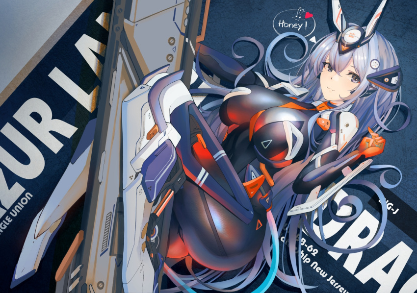 1girl alternate_costume ass azur_lane blue_eyes blue_hair blush bodysuit breasts character_name cleavage_cutout clothing_cutout copyright_name english_text headgear large_breasts long_hair looking_at_viewer mecha_musume necktie new_jersey_(azur_lane) skin_tight smile solo very_long_hair yusha_m