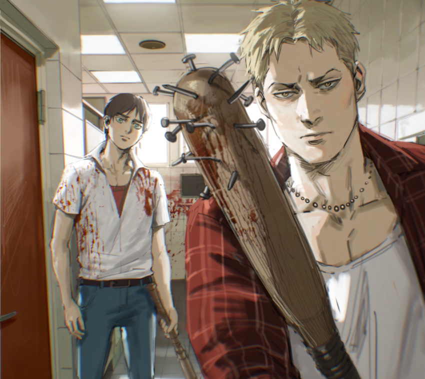 2boys baseball_bat blonde_hair blood ceiling_light club_(weapon) commentary_request denim eren_yeager highres holding holding_weapon indoors jeans looking_at_viewer mixed-language_commentary multiple_boys nail nail_bat pants reiner_braun shingeki_no_kyojin short_hair short_sleeves thisuserisalive weapon