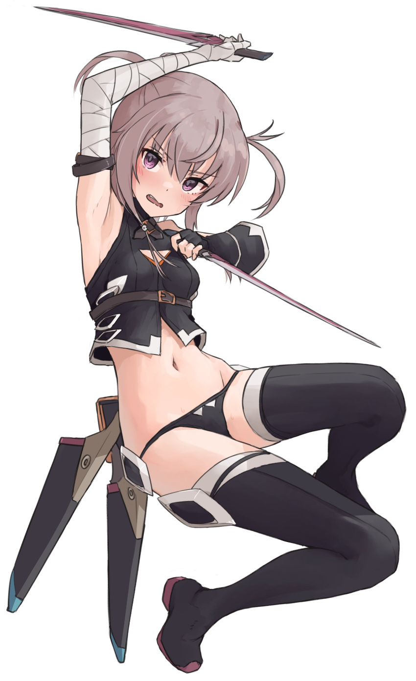 1girl absurdres arm_up armpits bandaged_arm bandages bangs bare_shoulders black_footwear black_gloves black_legwear black_panties black_shirt boots breasts brown_hair cosplay crop_top dagger dual_wielding eyebrows_visible_through_hair fate/apocrypha fate_(series) fingerless_gloves full_body gloves hair_between_eyes highres holding holding_dagger holding_weapon jack_the_ripper_(fate/apocrypha) jack_the_ripper_(fate/apocrypha)_(cosplay) knife kopaka_(karda_nui) looking_at_viewer navel panties parted_lips sheath shichinosato_kofuki shirt simple_background single_glove sleeveless sleeveless_shirt small_breasts solo thigh-highs thigh_boots toji_no_miko twintails underwear unsheathed violet_eyes wavy_mouth weapon white_background