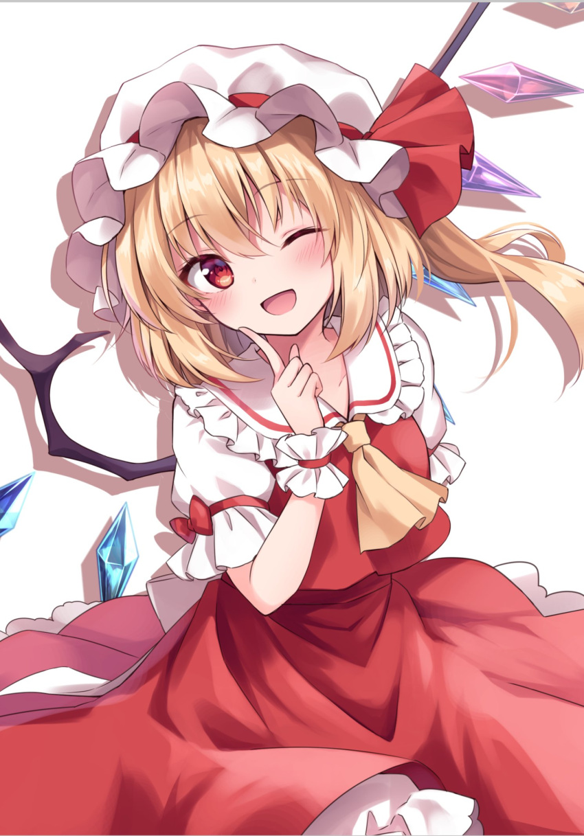 1girl ;d ascot bangs blonde_hair blush bow breasts buttons center_frills closed_mouth commentary_request crystal eyebrows_visible_through_hair eyelashes finger_to_mouth flandre_scarlet frilled_shirt_collar frilled_skirt frills hat hat_ribbon heart heart_of_string highres index_finger_raised kure~pu looking_at_viewer mob_cap multicolored_wings one_eye_closed one_side_up open_mouth petticoat puffy_short_sleeves puffy_sleeves red_eyes red_ribbon red_skirt red_vest ribbon shiny shiny_hair shirt short_hair short_hair_with_long_locks short_sleeves side_ponytail simple_background skirt small_breasts smile solo standing touhou vest white_background white_headwear white_shirt wings wrist_cuffs yellow_ascot