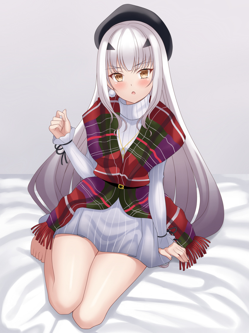 1girl bangs beret black_headwear breasts brown_eyes dress fairy_knight_lancelot_(fate) fate/grand_order fate_(series) hat highres jewelry long_hair long_sleeves looking_at_viewer necklace open_mouth plaid plaid_scarf ribbed_dress scarf short_dress sidelocks small_breasts solo thighs vodka13 white_dress white_hair