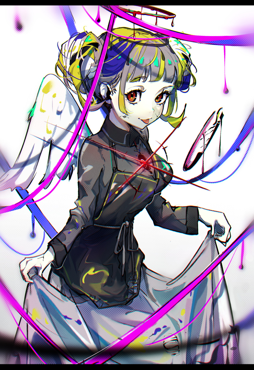 1girl :p absurdres apron bangs black_apron blonde_hair blood blue_hair blunt_bangs chromatic_aberration closed_mouth collared_shirt cracked_skin dripping eyebrows_visible_through_hair feathered_wings grey_hair grey_ribbon grey_shirt grey_skirt halo highres hole_in_chest hole_on_body letterboxed long_sleeves mugi626 multicolored_hair original pale_skin purple_ribbon red_eyes ribbon screentones shirt short_twintails single_wing skirt skirt_hold smile solo standing tongue tongue_out twintails white_wings wings