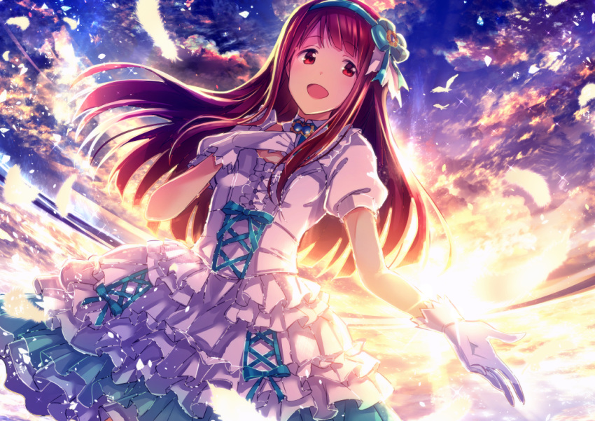 1girl blush brown_eyes brown_hair clip_studio_paint_(medium) clouds commentary_request corset dress feathers frilled_dress frills gloves hairband idolmaster idolmaster_million_live! ima_(lm_ew) long_hair ocean open_mouth outdoors puffy_short_sleeves puffy_sleeves revision short_sleeves sky smile solo sun sunset tanaka_kotoha water white_dress white_gloves