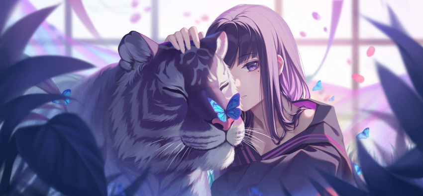1girl 3v_ju absurdres black_hair blush bug butterfly closed_mouth commentary_request falling_petals frown grass highres leaf long_hair looking_at_viewer mole mole_under_eye original petals petting pink_eyes scenery school_uniform solo tiger white_tiger