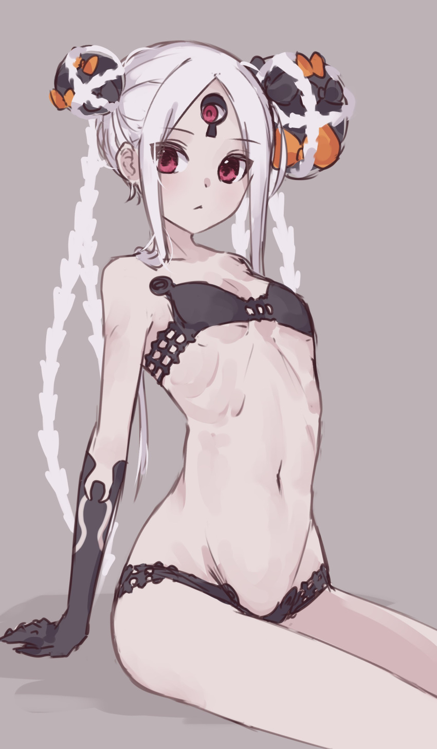 1girl :&lt; abigail_williams_(fate) abigail_williams_(swimsuit_foreigner)_(fate) absurdres arm_support bangs bare_shoulders bikini black_bikini black_bow black_gloves bow breasts closed_mouth collarbone colored_skin double_bun elbow_gloves fate/grand_order fate_(series) forehead gloves grey_background groin hair_bow highres keyhole kopaka_(karda_nui) long_hair looking_at_viewer multiple_bows navel orange_bow parted_bangs pink_eyes red_eyes shadow shirt sidelocks sitting small_breasts solo swimsuit thighs third_eye very_long_hair white_hair white_shirt white_skin
