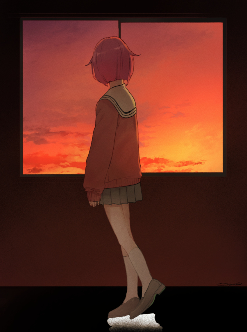 1girl arms_at_sides brown_footwear cardigan clouds cloudy_sky darkness facing_away from_behind full_body grey_skirt highres indoors kneehighs loafers looking_afar nape oitanari ootori_emu pink_cardigan pink_hair pleated_skirt project_sekai sailor_collar school_uniform shiny shiny_hair shoes short_hair skirt sky sleeves_past_wrists solo standing sunset white_legwear white_sailor_collar window
