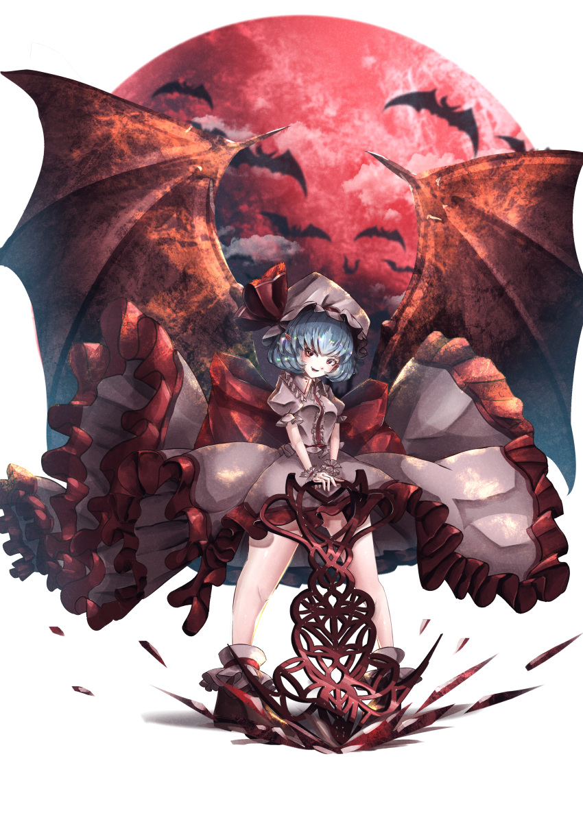 1girl :d absurdres aonori00 bangs bat bat_wings blue_hair eyebrows_visible_through_hair frilled_skirt frills full_body full_moon hat hat_ribbon highres holding holding_weapon looking_at_viewer mob_cap moon open_mouth petticoat pink_headwear pink_shirt pink_skirt red_eyes red_moon red_ribbon remilia_scarlet ribbon shirt short_hair skirt smile solo standing touhou weapon wings