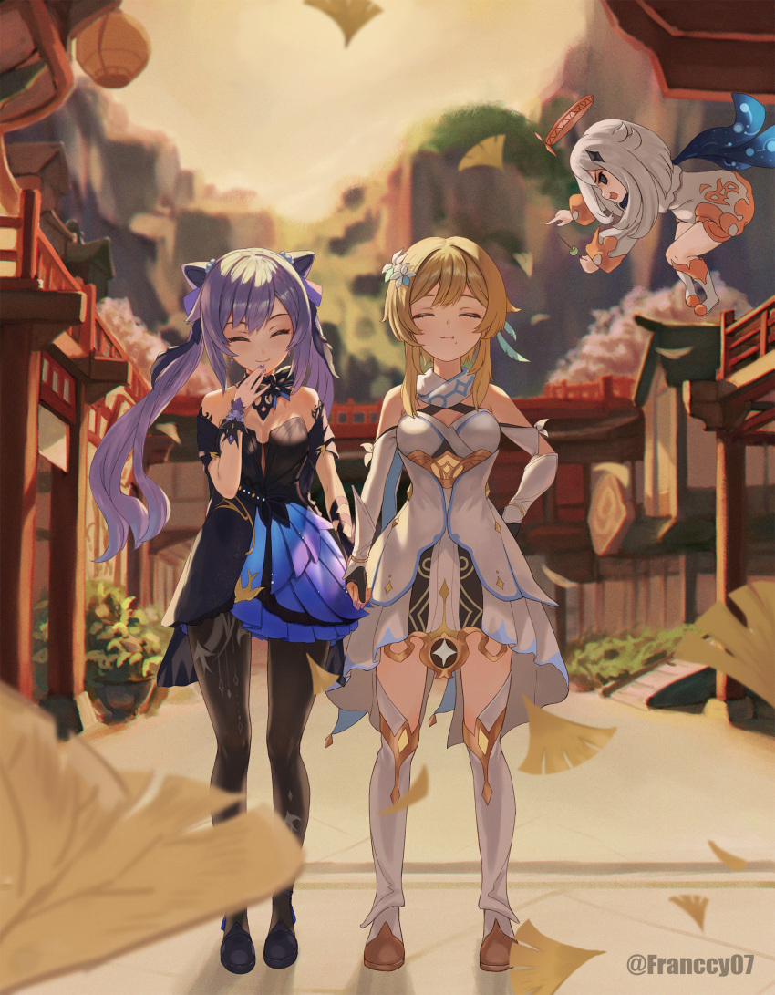 3girls ^_^ absurdres black_dress blonde_hair blue_dress building closed_eyes dress fairy flower franccy genshin_impact hair_flower hair_ornament halo highres holding_hands keqing_(genshin_impact) keqing_(opulent_splendor)_(genshin_impact) leaf lumine_(genshin_impact) multicolored_clothes multicolored_dress multiple_girls outdoors paimon_(genshin_impact) pantyhose purple_hair scarf smile standing twintails white_dress white_hair