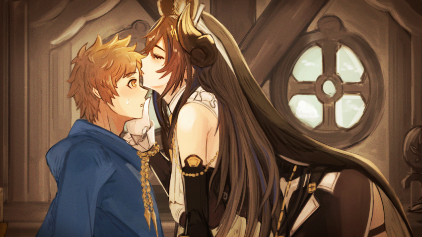 1boy 1girl all_fours animal_ears asymmetrical_hair bangs bare_shoulders blush breasts brown_hair cero421 closed_eyes detached_sleeves extra_ears frilled_sleeves frills galleon_(granblue_fantasy) gloves gran_(granblue_fantasy) granblue_fantasy highres horns imminent_kiss large_breasts long_hair multicolored_hair pointy_ears short_hair streaked_hair sweatdrop very_long_hair white_gloves