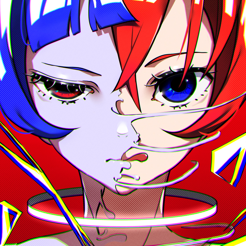 absurdres bangs blue_eyes blue_hair blunt_bangs chromatic_aberration closed_mouth crossed_bangs face highres jewelry looking_at_viewer mixed-language_commentary mugi626 neck_ring original portrait red_eyes redhead screentones split_theme straight-on tongue tongue_out