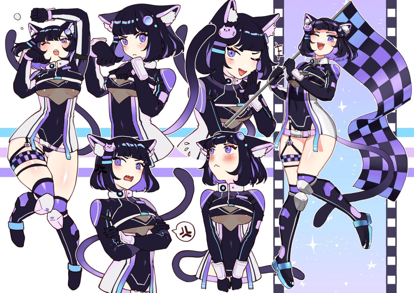 1girl animal_ear_fluff animal_ears annoyed ass_visible_through_thighs black_dress black_gloves blush breasts cat_ears cat_girl cat_hair_ornament crossed_arms da3iann dress english_commentary fang fangs flag gloves hair_ornament highres holding holding_flag indie_virtual_youtuber knee_pads looking_up multiple_views neko_meiko one_eye_closed open_mouth racequeen second-party_source short_hair small_breasts smile v-shaped_eyebrows violet_eyes virtual_youtuber