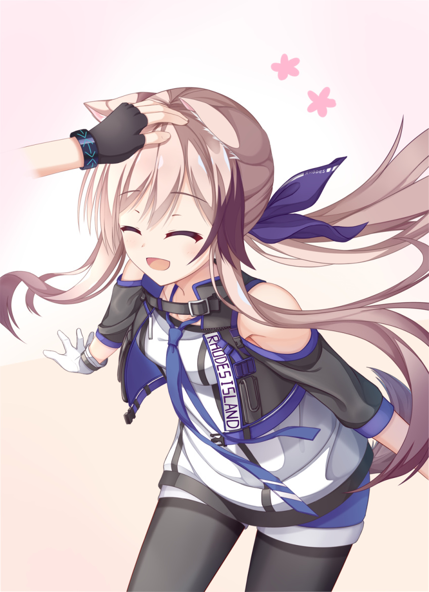 :d animal_ears arknights bangs black_legwear blonde_hair blue_shorts cardigan_(arknights) closed_eyes denim denim_shorts dog_ears dog_tail eyebrows_visible_through_hair flower hair_between_eyes hair_ribbon hand_on_head headpat highres leaning_forward multicolored_hair necktie open_mouth outstretched_arms pantyhose ponytail rhodes_island_logo ribbon saenoki_mizuho shorts sidelocks simple_background smile spread_arms spread_fingers streaked_hair tail vest