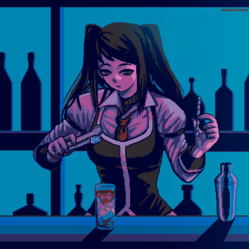 1girl :| artist_name bangs black_hair black_vest breasts closed_mouth cocktail_glass collared_shirt commentary cup diagonal_bangs drinking_glass english_commentary highres indoors isa_(insaneisane) jill_stingray juliet_sleeves long_hair long_sleeves looking_down medium_breasts necktie pixel_art puffy_sleeves red_necktie shirt sidelocks twintails two_side_up va-11_hall-a vest white_shirt