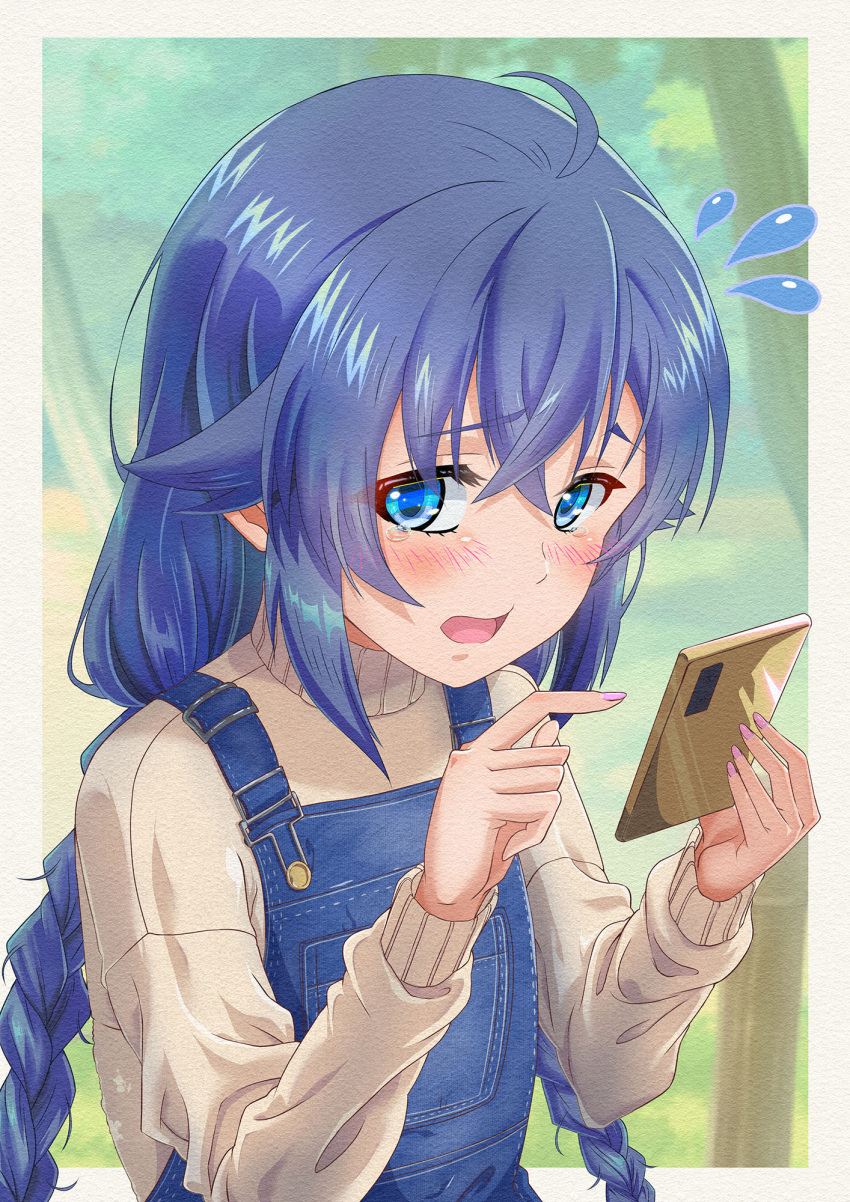 1girl bangs beige_sweater blue_eyes blue_hair blue_overalls blue_pants blush braid canvas_(medium) cellphone crossed_bangs embarrassed flying_sweatdrops highres holding holding_phone honba_misaki long_hair looking_at_viewer mushoku_tensei nail_polish open_mouth outdoors overalls pants phone pink_nails roxy_migurdia smartphone solo sweatdrop sweater tearing_up turtleneck turtleneck_sweater twin_braids upper_body