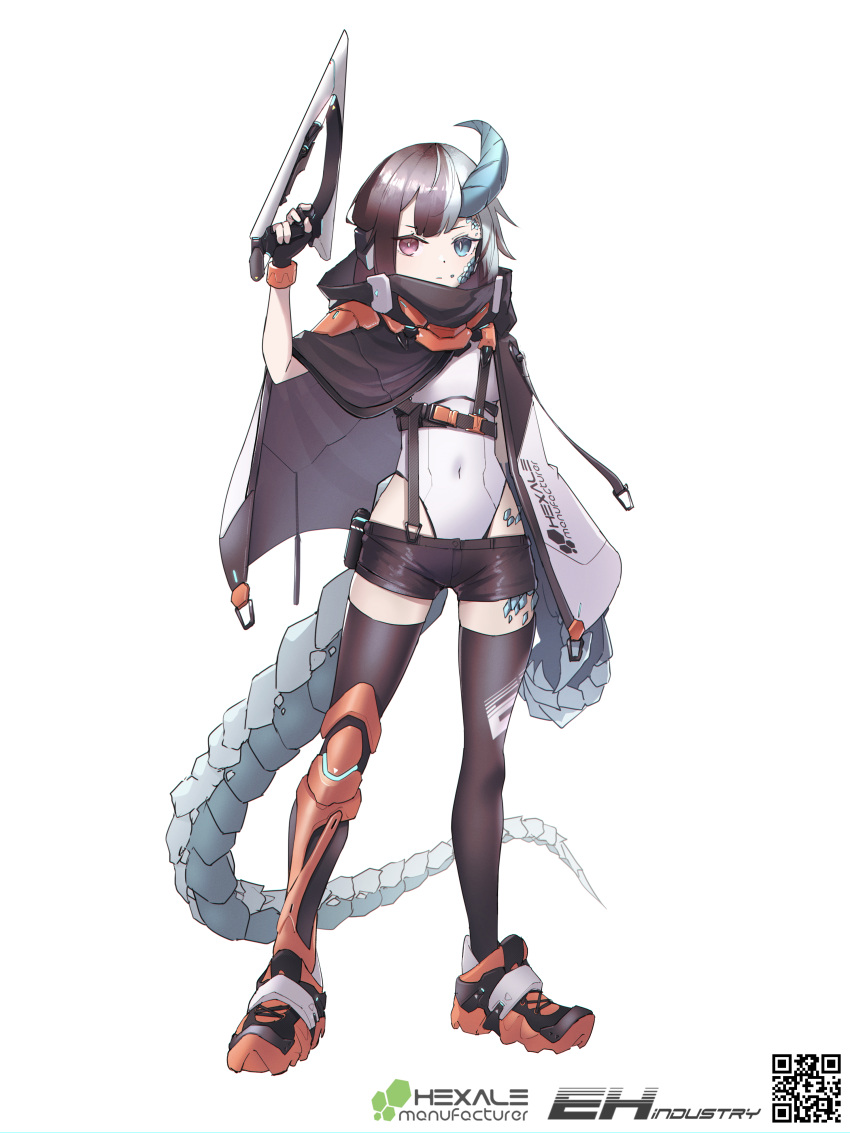 1girl absurdres armor asymmetrical_arms asymmetrical_hair asymmetrical_legwear black_shorts blue_eyes brown_hair claws cloak covered_navel dragon_girl dragon_horns dragon_tail einheadt finger_on_trigger fingerless_gloves full_body gloves heterochromia highres holding holding_weapon horns leg_armor leotard looking_at_viewer mismatched_pupils multicolored_hair original oversized_forearms oversized_limbs red_eyes scales shoes short_shorts shorts single_glove single_horn slit_pupils sneakers solo tail thigh-highs two-tone_hair weapon white_background white_hair white_leotard