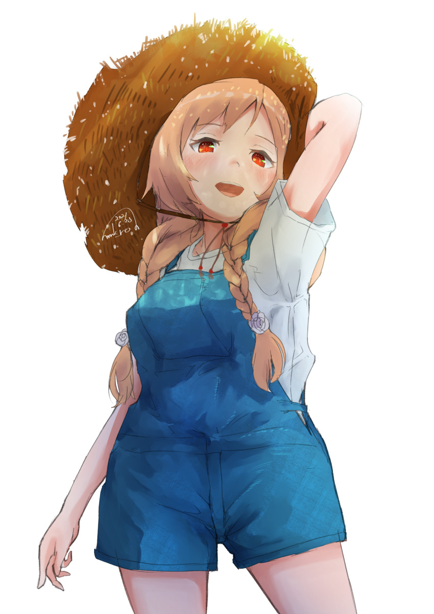 1girl arm_behind_head braid breasts cloud_hair_ornament cowboy_shot dated eyebrows hat highres kantai_collection light_brown_hair long_hair looking_at_viewer low_twin_braids minegumo_(kancolle) mmk one-hour_drawing_challenge open_mouth overalls red_eyes shirt short_sleeves signature simple_background small_breasts smile straw_hat twin_braids white_background white_shirt
