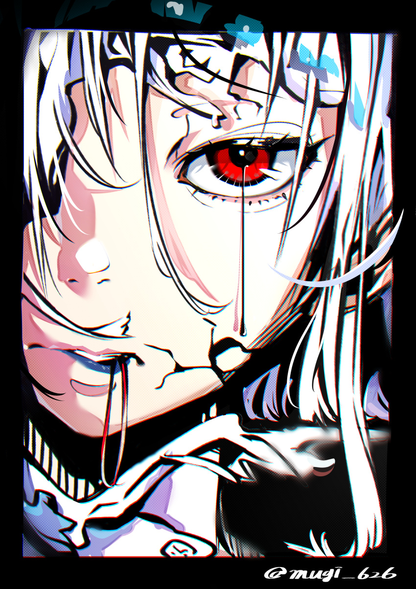 1girl absurdres black_border blue_lips border chromatic_aberration clenched_teeth close-up cracked_skin dripping_eye face hair_over_one_eye highres long_hair looking_at_viewer mugi626 original parted_lips red_eyes screentones solo straight-on teeth teeth_hold twitter_username white_hair