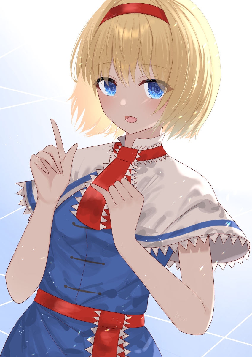 1girl :d absurdres alice_margatroid anima_miko bangs blonde_hair blue_background blue_dress blue_eyes capelet dress eyebrows_visible_through_hair gradient gradient_background hairband highres index_finger_raised looking_at_viewer open_mouth red_hairband short_hair smile solo touhou upper_body white_capelet