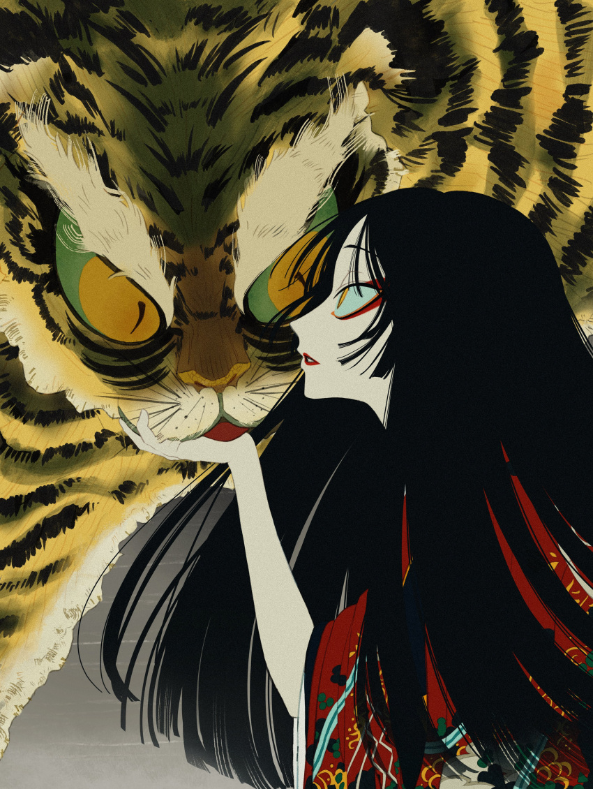 1girl absurdres animal black_hair chinese_zodiac colored_sclera eyeshadow green_sclera highres japanese_clothes kimono long_hair looking_at_animal looking_at_another makeup original parted_lips patterned patterned_clothing red_eyeshadow red_kimono red_lips solo tiger tongue tongue_out urkt_10 year_of_the_tiger yellow_eyes
