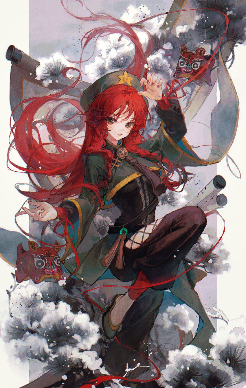 1girl absurdres alternate_costume bangs beret blush braid chinese_clothes flats gold_trim hat hat_ornament highres hong_meiling long_hair looking_at_viewer maccha_(mochancc) mixed-language_commentary red_nails redhead sidelocks solo standing standing_on_one_leg star_(symbol) star_hat_ornament tassel touhou twin_braids