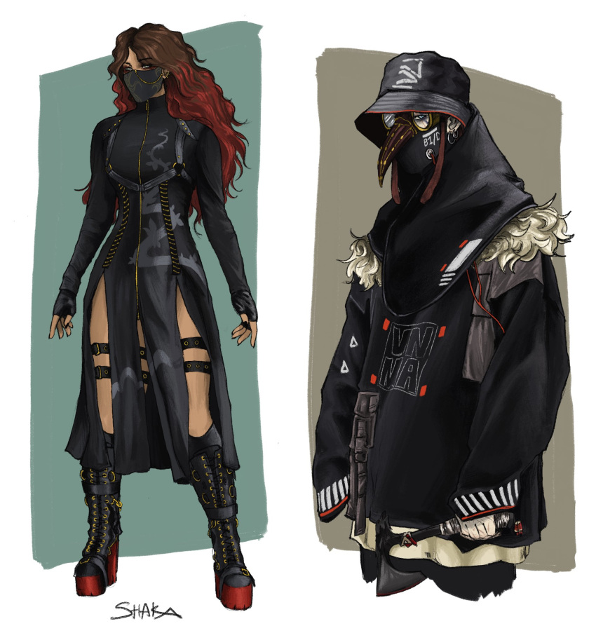 1girl 1non-binary adapted_costume alternate_costume apex_legends axe black_footwear black_headwear black_jacket bloodhound_(apex_legends) brown_hair bucket_hat english_commentary fashion fingerless_gloves fur_trim gloves gradient_hair hat highres holding holding_axe jacket loba_(apex_legends) mask mouth_mask multicolored_hair platform_boots queer raven's_bite redhead road_warrior_bloodhound shaka_(shenketsu) sleeves_past_fingers sleeves_past_wrists thigh_strap trans