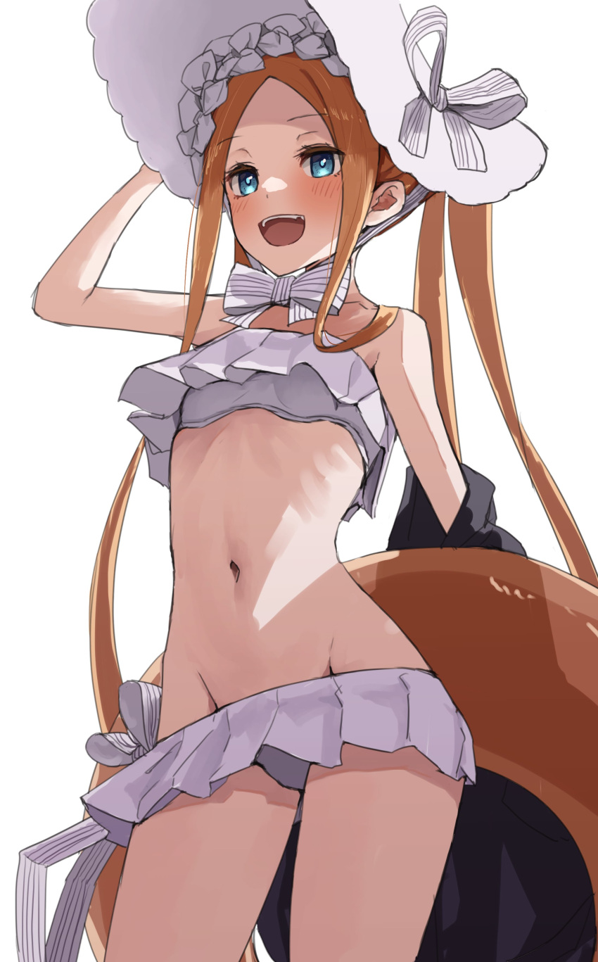 1girl abigail_williams_(fate) abigail_williams_(swimsuit_foreigner)_(fate) absurdres bangs bare_shoulders bikini black_jacket blonde_hair blue_eyes bonnet bow breasts fate/grand_order fate_(series) forehead groin hair_bow highres innertube jacket jacket_removed kopaka_(karda_nui) long_hair miniskirt navel open_mouth parted_bangs sidelocks skirt small_breasts smile solo swimsuit twintails very_long_hair white_background white_bikini white_bow white_headwear