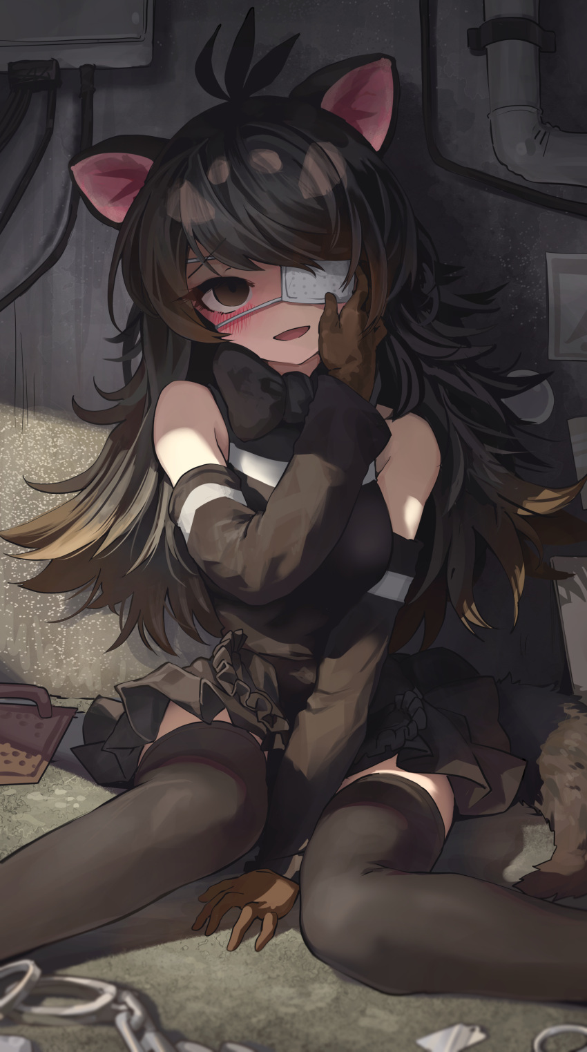 1girl absurdres animal_ears antenna_hair australian_devil_(kemono_friends) bangs bare_shoulders between_legs black_hair blush bow bowtie brown_eyes brown_hair chain colored_inner_hair detached_sleeves dress empty_eyes eyebrows_visible_through_hair eyepatch feet_out_of_frame furrowed_brow gloves hand_between_legs hand_on_own_cheek hand_on_own_face hand_up head_tilt highres kemono_friends long_hair looking_at_viewer medical_eyepatch melaton multicolored_hair on_ground one_eye_covered open_mouth smile solo tail tasmanian_devil_ears tasmanian_devil_tail thigh-highs two-tone_hair very_long_hair zettai_ryouiki