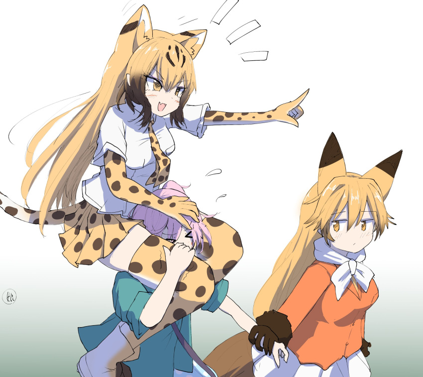 3girls animal_ears blonde_hair blush bow bowtie brown_hair carrying cheetah_(kemono_friends) cheetah_ears cheetah_girl cheetah_print cheetah_tail collared_shirt commentary_request elbow_gloves extra_ears eyebrows_visible_through_hair ezo_red_fox_(kemono_friends) fang fox_ears fox_girl fox_tail gloves green_jacket highres holding_another's_wrist jacket karekusa_meronu kemono_friends long_hair looking_at_another multicolored_hair multiple_girls nana_(kemono_friends) necktie open_mouth orange_eyes orange_jacket piggyback pink_hair pleated_skirt pointing print_gloves print_legwear print_necktie print_skirt shirt short_hair short_sleeves side_ponytail sidelocks skirt tail thigh-highs white_bow white_bowtie white_shirt white_skirt yellow_eyes zettai_ryouiki