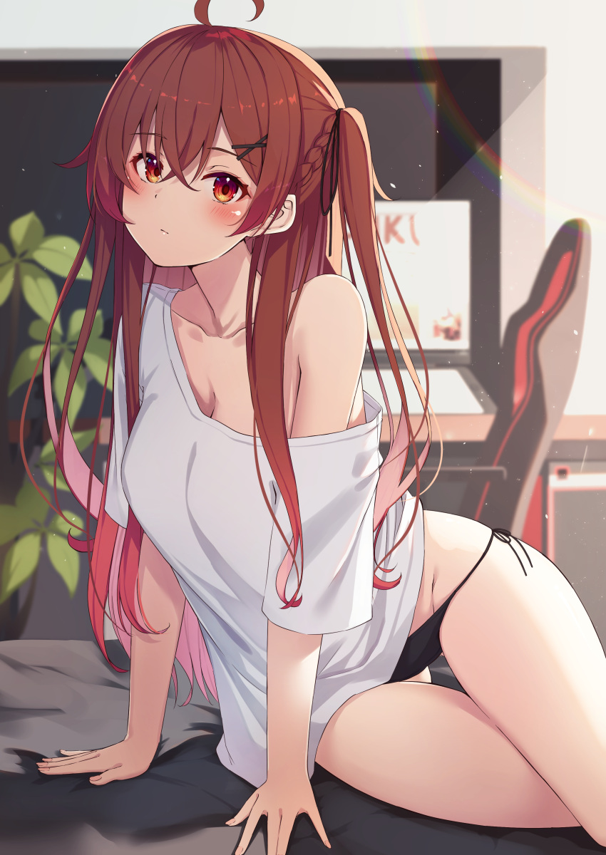 1girl absurdres ahoge ass_visible_through_thighs bangs black_panties black_ribbon blush breasts brown_hair closed_mouth commentary_request crossed_bangs eyebrows_visible_through_hair hair_between_eyes hair_ornament hair_ribbon highres indoors long_hair looking_at_viewer nyan_(reinyan_007) off_shoulder original panties red_eyes ribbon shirt short_sleeves side-tie_panties single_bare_shoulder solo thigh_gap two_side_up underwear very_long_hair white_shirt x_hair_ornament
