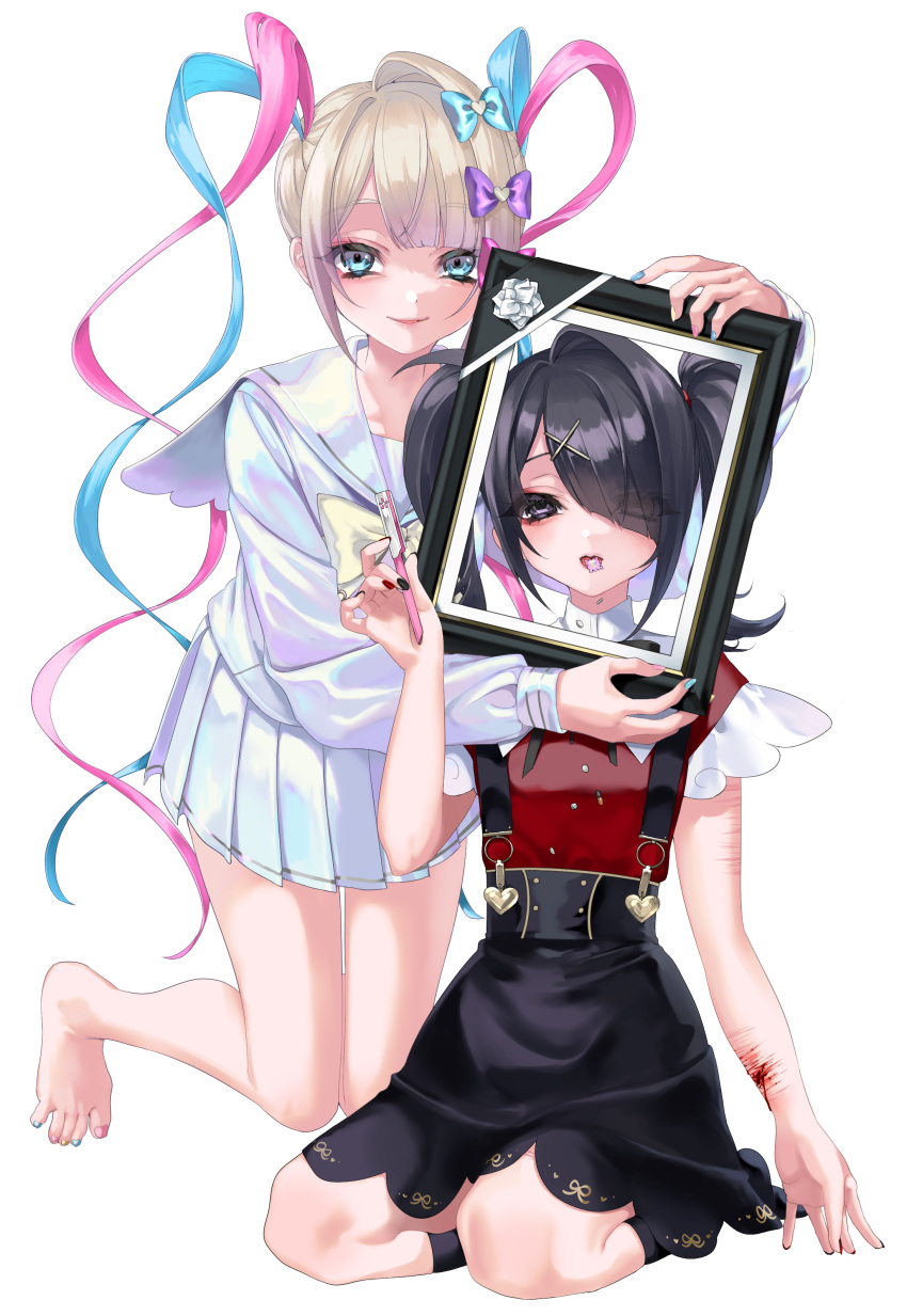 2girls absurdres ame-chan_(needy_girl_overdose) barefoot black_eyes black_hair black_nails bleeding blood blood_splatter blue_eyes blue_hair blue_nails blush bow boxcutter chouzetsusaikawa_tenshi-chan cursor cuts drugs dual_persona grey_hair hair_bow hair_ornament hair_over_one_eye heart highres iei injury long_hair multicolored_hair multicolored_nails multiple_girls multiple_hair_bows needy_girl_overdose open_mouth picture_frame pill pink_hair pink_nails pleated_skirt red_nails sailor_collar school_uniform seiza serafuku simple_background sitting skirt slit_wrist smile suspender_skirt suspenders toes twintails very_long_hair white_background x_hair_ornament yellow_nails yuiitsu