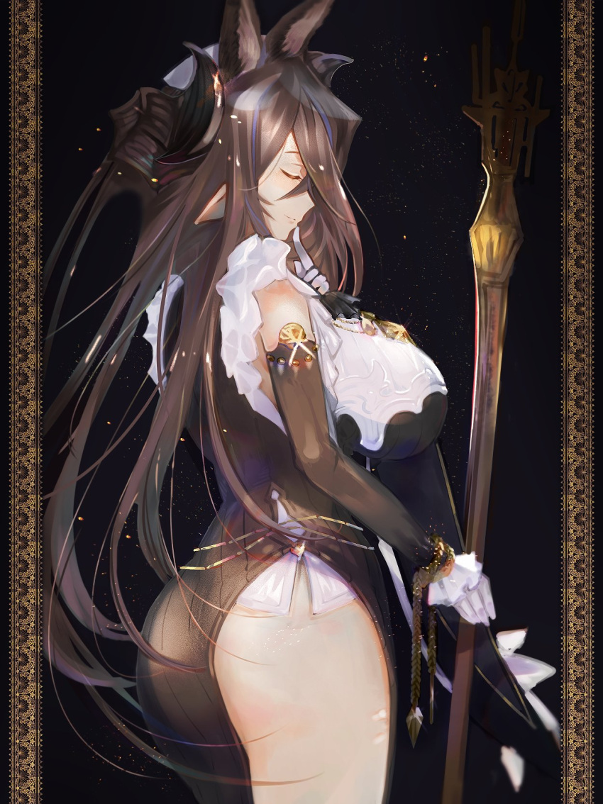 animal_ears ass bangs breasts brown_hair closed_eyes cowboy_shot detached_sleeves extra_ears finger_to_mouth frilled_sleeves frills galleon_(granblue_fantasy) gloves granblue_fantasy highres horns large_breasts long_hair multicolored_hair ori_ibu pointy_ears sideboob staff streaked_hair very_long_hair white_gloves