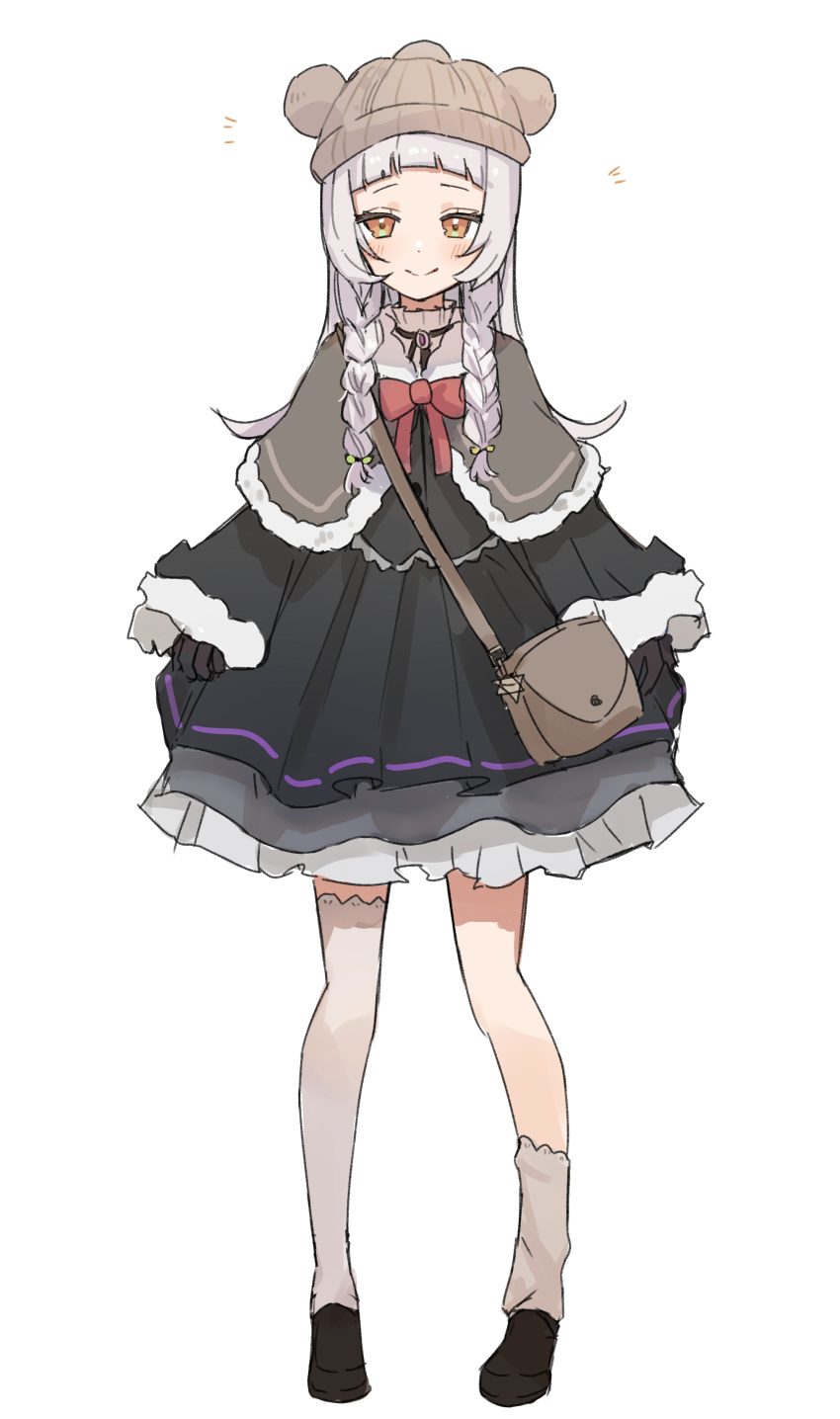 1girl absurdres asymmetrical_legwear bag beanie black_dress black_footwear black_gloves bow bowtie braid brown_capelet brown_headwear capelet closed_mouth commentary_request dress full_body gloves grey_legwear hat highres hololive long_hair long_sleeves looking_at_viewer murasaki_shion oisiimizu orange_eyes red_bow red_bowtie shoulder_bag simple_background single_thighhigh skirt_hold smile socks solo thigh-highs twin_braids virtual_youtuber white_background white_hair