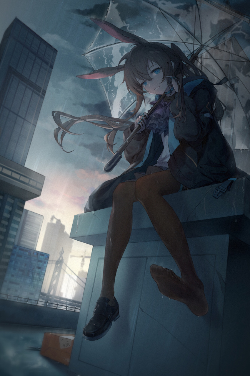 1girl air_(user_hdjj2725) amiya_(arknights) animal_ears arknights bangs black_footwear black_jacket blue_eyes blue_skirt blue_sky brown_hair brown_legwear building clouds commentary crane_(machine) day english_commentary eyebrows_visible_through_hair hair_between_eyes hands_up highres holding holding_umbrella jacket loafers long_hair long_sleeves open_clothes open_jacket outdoors pantyhose parted_lips pleated_skirt ponytail puffy_long_sleeves puffy_sleeves rabbit_ears rain shirt shoes single_shoe skirt sky soles solo transparent transparent_umbrella umbrella very_long_hair white_shirt