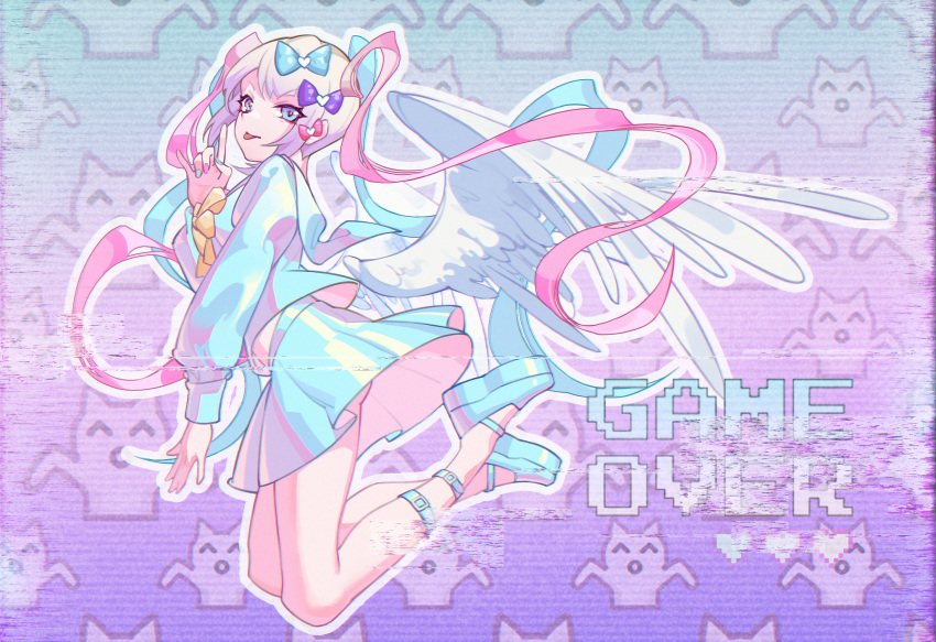 1girl ass blue_eyes blue_hair blue_nails bow cat chouzetsusaikawa_tenshi-chan drill_hair emoji eyebrows_visible_through_hair hair_bow highres holographic_clothing jumping lanyed_(949455243) large_bow long_sleeves looking_at_viewer multicolored_hair multicolored_nails nail_polish needy_girl_overdose pink_hair pink_nails skirt solo strap thighs tongue tongue_out twin_drills white_hair wind wind_lift wings