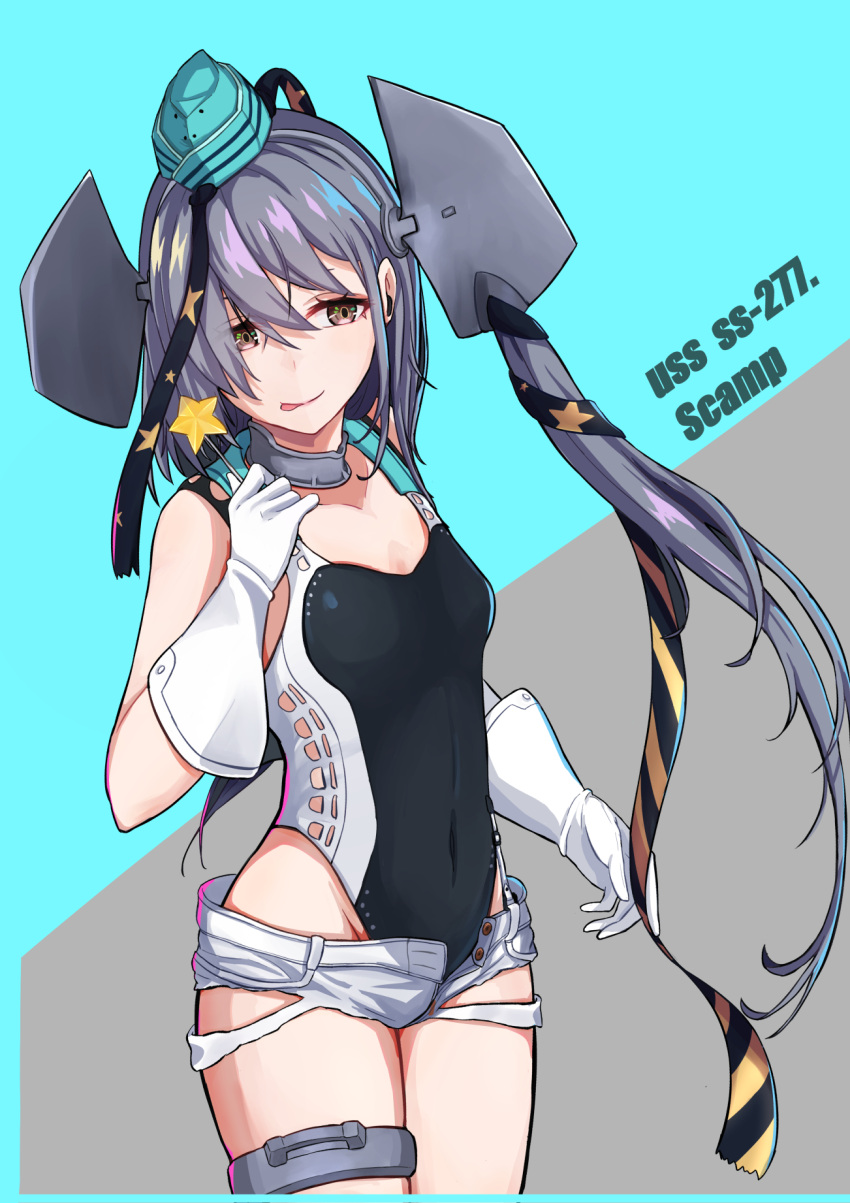 1girl aqua_headwear black_ribbon black_swimsuit candy character_name commentary_request competition_swimsuit cowboy_shot food garrison_cap gloves grey_eyes grey_hair hair_ornament hair_ribbon hat headgear highleg highleg_swimsuit highres holding holding_candy holding_food kantai_collection lollipop long_hair looking_at_viewer makibane_(mkbane) one-piece_swimsuit ribbon scamp_(kancolle) short_shorts shorts side_ponytail solo star_(symbol) star_hair_ornament swimsuit white_gloves white_shorts