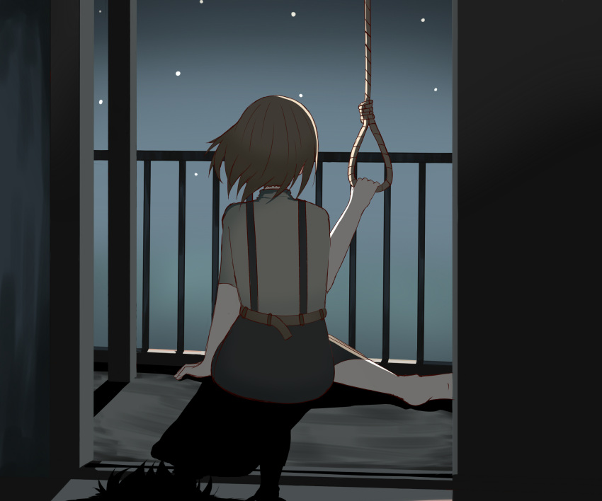 1girl balcony barefoot belt brown_hair commentary english_commentary from_behind highres indoors itsuwami night night_sky noose original rope shirt skirt sky solo star_(sky) suicide suspender_skirt suspenders white_shirt