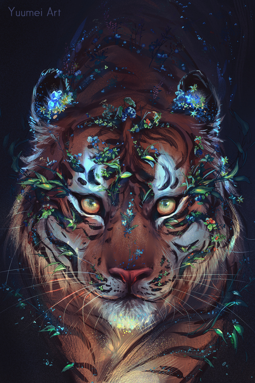 animal animal_ear_fluff animal_focus artist_name black_background blue_flower brown_eyes chinese_zodiac closed_mouth commentary english_commentary flower glowing highres looking_at_viewer no_humans original plant red_flower tiger whiskers year_of_the_tiger yuumei