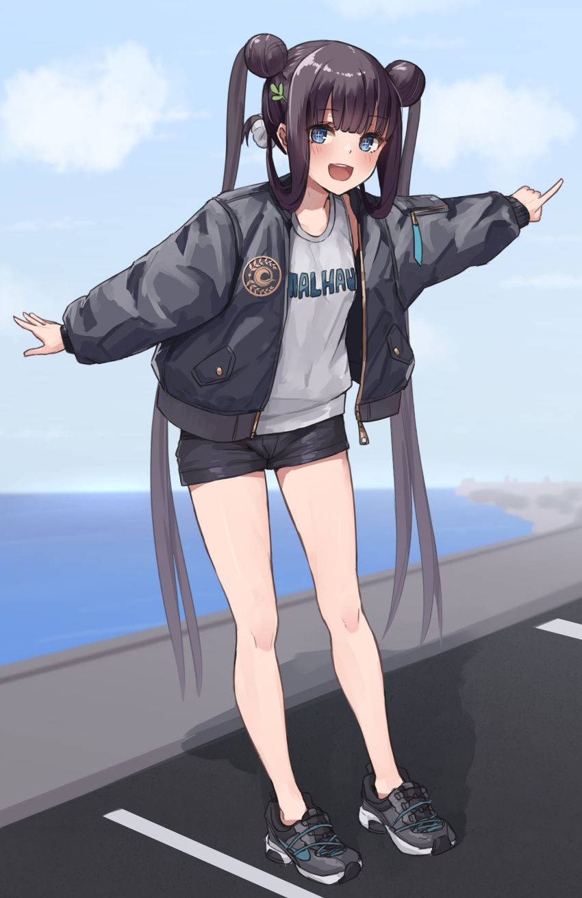 1girl absurdres bangs black_footwear black_jacket black_shorts blue_eyes blue_sky blunt_bangs blush breasts contemporary day double_bun fate/grand_order fate_(series) full_body hair_ornament highres jacket kopaka_(karda_nui) leaf_hair_ornament long_hair long_sleeves looking_at_viewer open_clothes open_jacket open_mouth outdoors pointing purple_hair shirt shoes short_shorts shorts sidelocks sky smile sneakers solo twintails very_long_hair white_shirt yang_guifei_(fate)