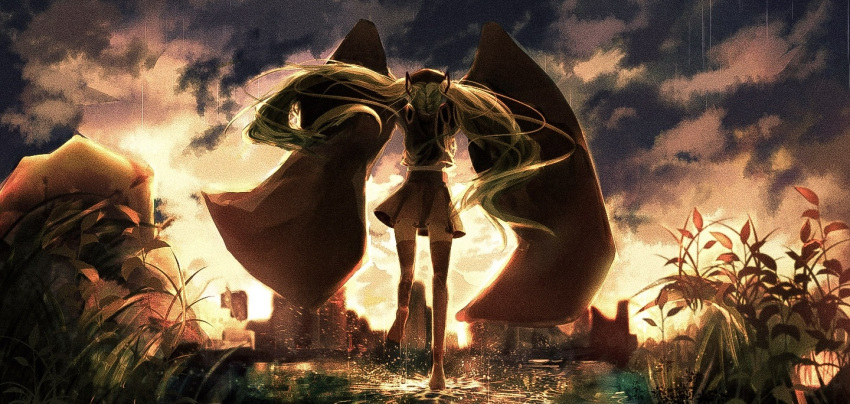 1girl artist_request back clouds cloudy_sky commentary_request cumulonimbus_cloud dark_clouds giant giantess hatsune_miku long_hair monster_girl outdoors size_difference skirt sky solo twintails vocaloid walking