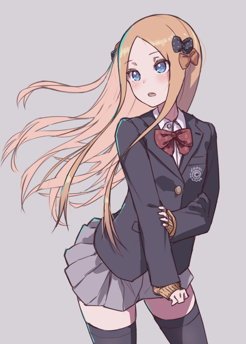 1girl abigail_williams_(fate) absurdres bangs black_bow black_jacket black_legwear blazer blonde_hair blue_eyes blush bow bowtie breasts buttons fate/grand_order fate_(series) forehead grey_skirt hair_bow highres jacket kopaka_(karda_nui) long_hair long_sleeves looking_at_viewer looking_to_the_side multiple_bows multiple_hair_bows open_mouth orange_bow parted_bangs pleated_skirt red_bow red_bowtie school_uniform sidelocks skirt small_breasts thighs