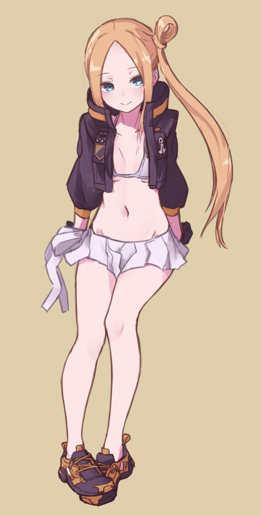 1girl abigail_williams_(fate) abigail_williams_(traveling_outfit)_(fate) absurdres bangs bikini black_jacket blonde_hair blue_eyes blush breasts closed_mouth cropped_jacket fate/grand_order fate_(series) forehead highres jacket kopaka_(karda_nui) legs long_hair looking_at_viewer miniskirt navel no_socks open_clothes open_jacket parted_bangs shoes side_ponytail sidelocks simple_background skirt small_breasts smile sneakers swimsuit white_bikini