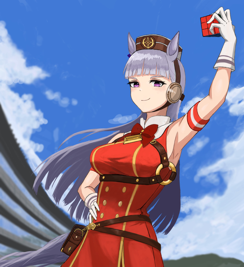 1girl absurdres animal_ears arm_up armband armpits bag bangs belt black_belt blue_sky blunt_bangs bow bowtie closed_mouth clouds cloudy_sky commentary day dress eyebrows_visible_through_hair gloves gold_ship_(umamusume) grey_hair hand_on_hip hat high_collar highres holding horse_ears horse_girl horse_tail kabochima long_hair looking_at_viewer outdoors pillbox_hat red_bow red_bowtie red_dress rubik's_cube satchel sky sleeveless sleeveless_dress smirk solo standing tail umamusume violet_eyes white_gloves