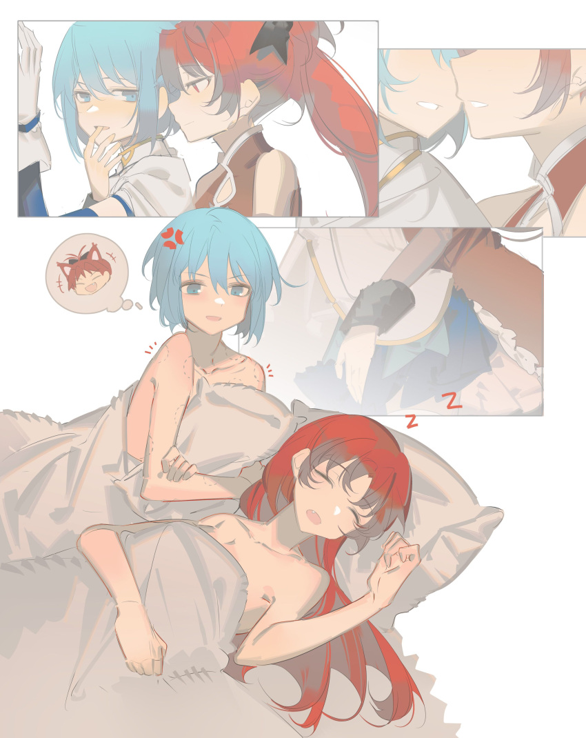 2girls absurdres after_sex anger_vein bare_arms bite_mark blue_eyes blue_hair chinese_commentary closed_eyes closed_mouth collarbone commentary_request finger_in_mouth gloves highres hug hug_from_behind long_hair mahou_shoujo_madoka_magica miki_sayaka multiple_girls notice_lines nude open_mouth parted_lips pillow ponytail red_eyes redhead rin_lingsong sakura_kyouko short_hair sleeping smile spoken_character under_covers white_gloves yuri zzz
