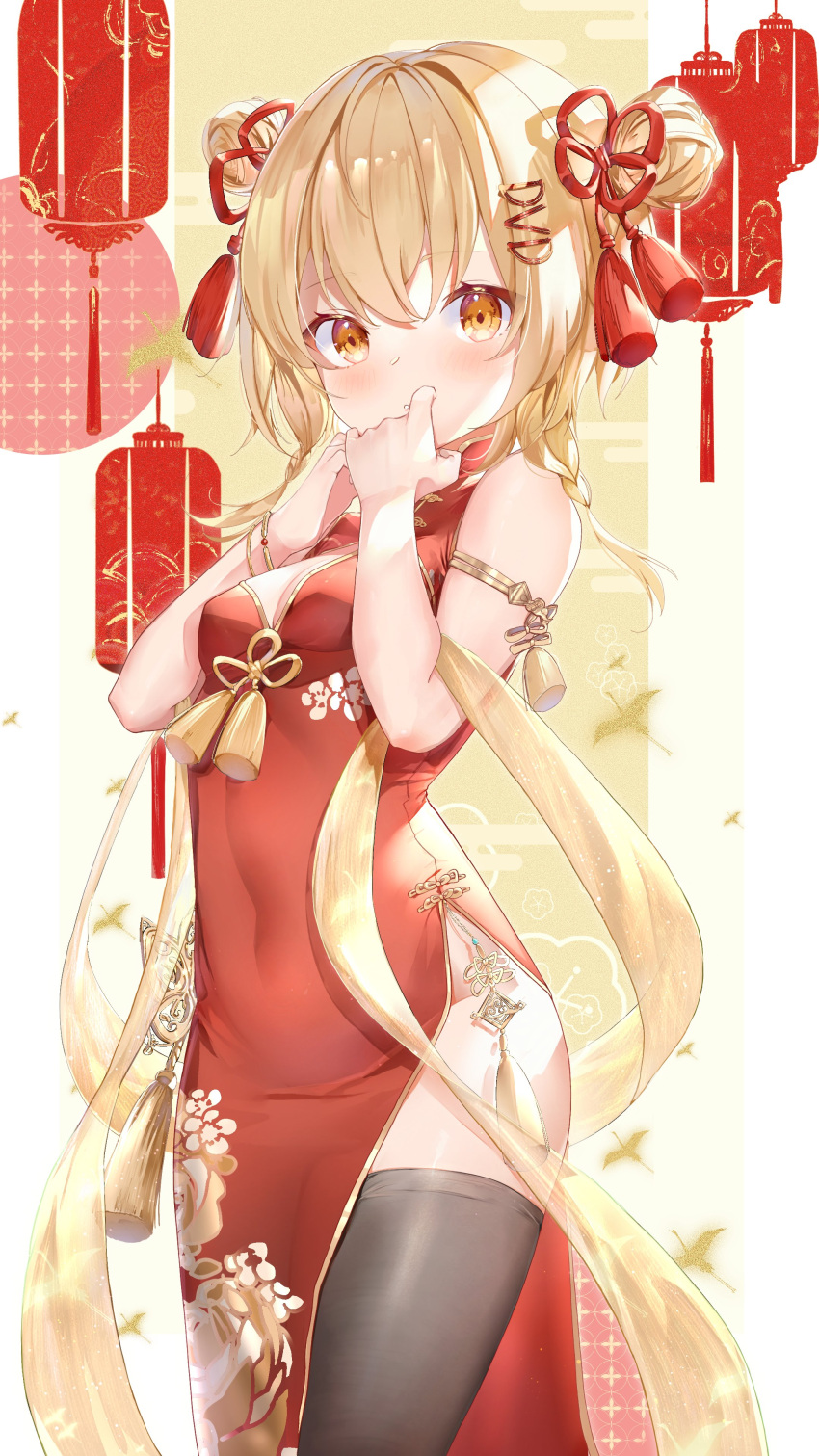 :o absurdres bare_shoulders blonde_hair blush breast_cutout breasts china_dress chinese_clothes chinese_new_year clothing_request dress dvd_(character) eyebrows_visible_through_hair gesture_request hair_ornament hair_ribbon hairclip hands_up highres lantern large_breasts lims_(neko2lims) looking_at_viewer no_panties original paper_lantern red_ribbon ribbon simple_background sleeveless thigh-highs tight tight_dress white_background wristband yellow_eyes zettai_ryouiki